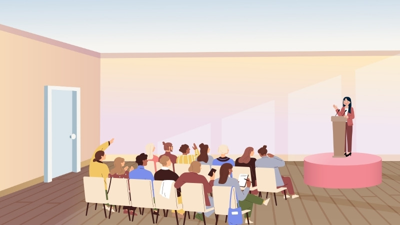 Une femme entrepreneure à succès dirigeant une conférence