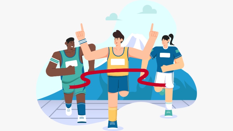 Un coureur de semi-marathon qui se visualise franchir la ligne d'arrivée