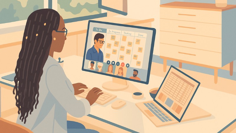 Une femme qui suit une formation de coaching à distance