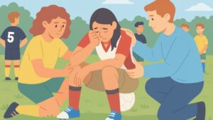 Des entraîneurs de l'Académie de la Haute Performance qui encadrent une joueuse de foot déçue