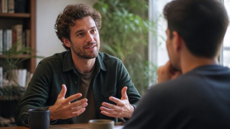 Un homme qui parle de son travail à une autre personne sans avoir l'impression de vendre