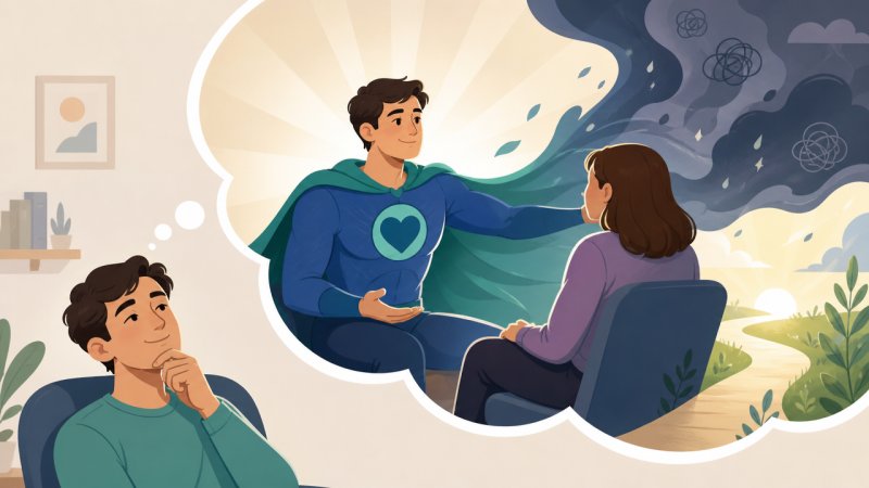 Une personne qui pense comme si elle était un thérapeute super héros qui va sauver la personne qui la consulte